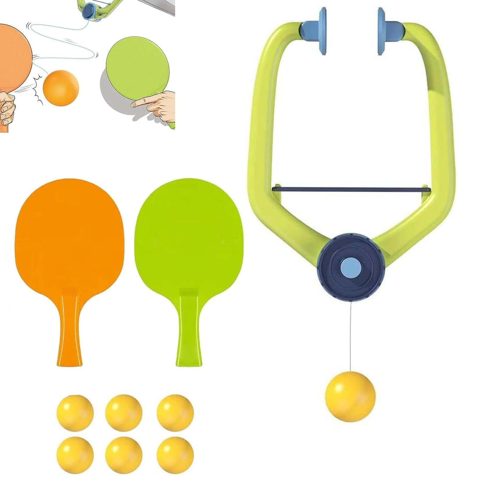 Door Ping Pong Game Over The Door - Adjustable Doorway Game Pingpong Trainer Door Jam Pingpong Starter Kit for Door Frame Hanging Table Tennis Trainer with 2 Racket and 6 Balls for Ages 6+