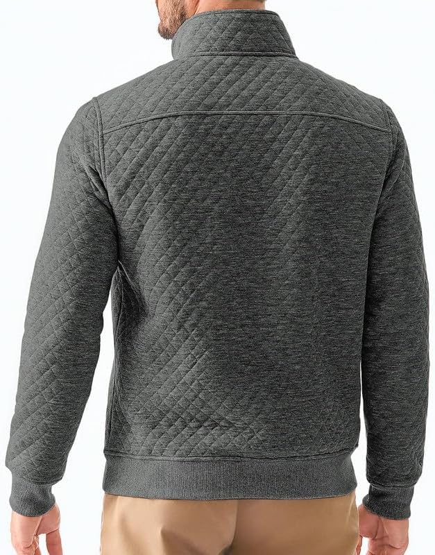 Men's Quarter Zip Pullover Quilted Sweatshirt Casual Mock Neck Geometric Texture Polo Sweater with Pocket - Image 3