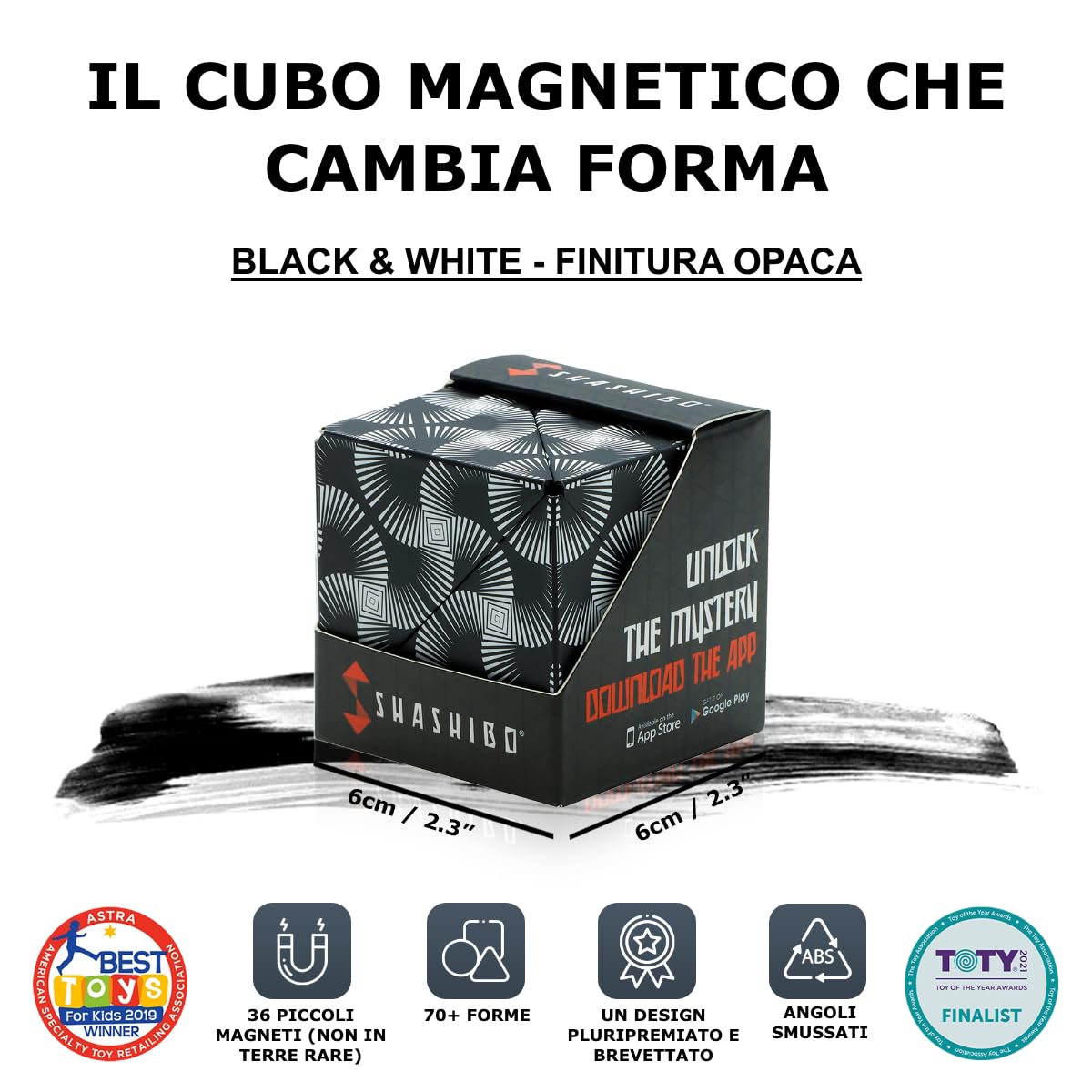 Shashibo Cubo Cambiaforma - Cubo Antistress, Pluripremiato e Brevettato, con 36 Magneti in Terre Rare - Oltre 70 Forme Diverse (Black & White)