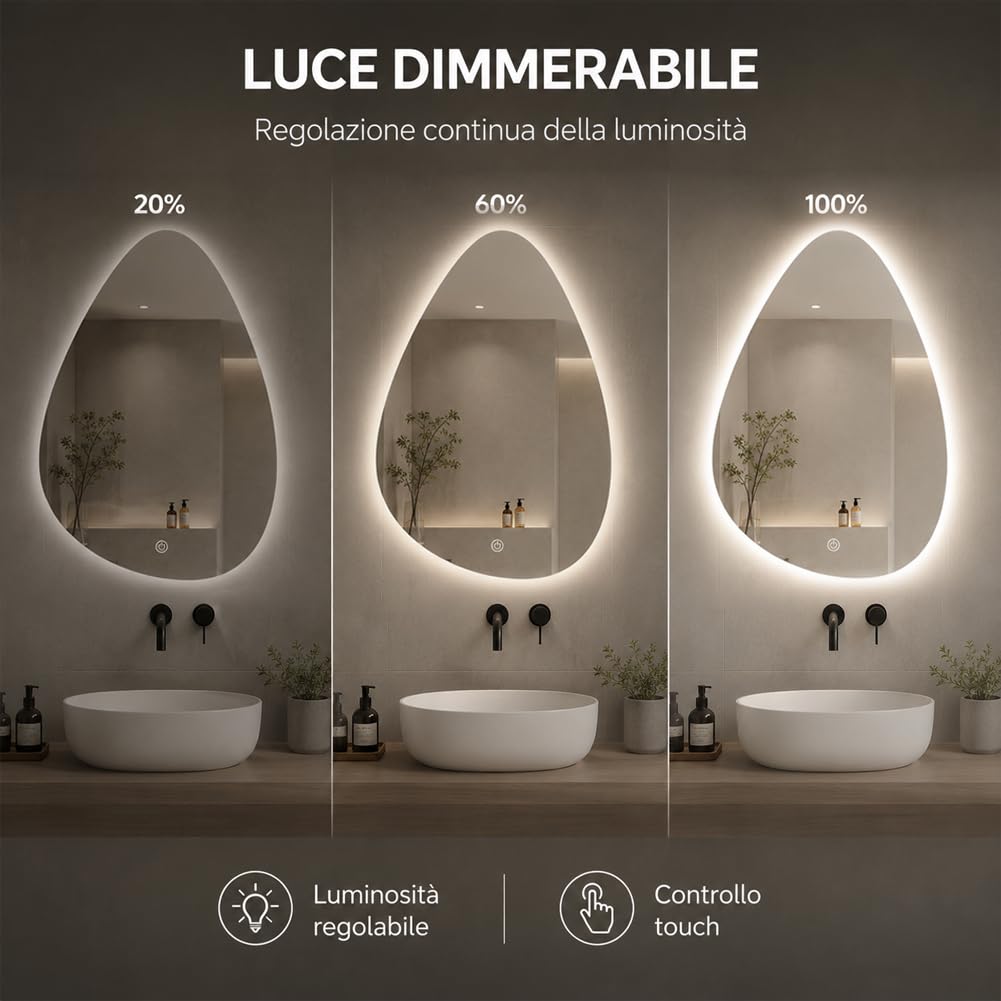 Shally Dogan Specchio Goccia da Parete con Led Dimmerabile a 3 Colori, Bianco Freddo, Caldo e Naturale, Accensione con Touch, Decorazione da Muro Design Moderno e Salvaspazio