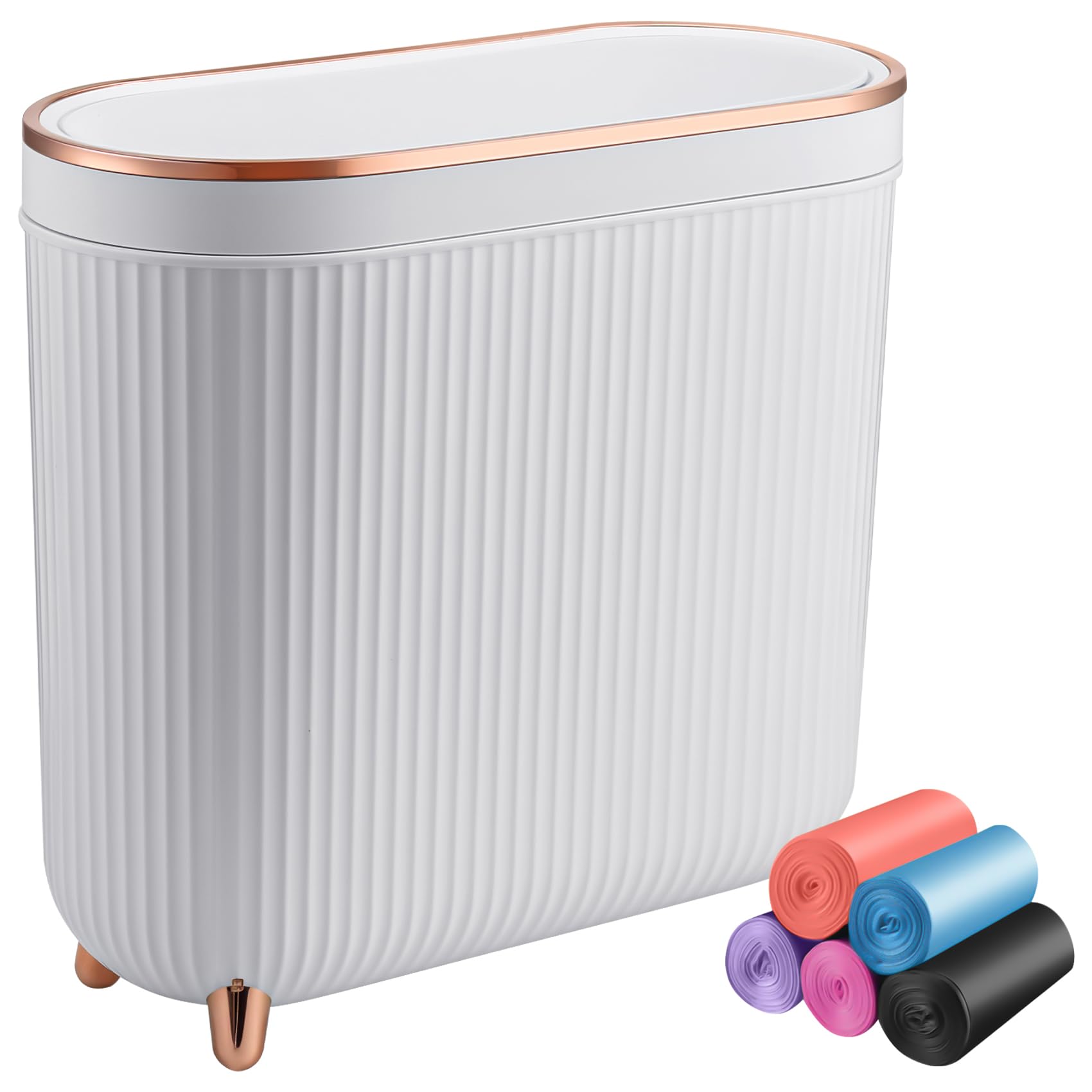 Juwacoo Trash Can Bin with, 12L/3.2 Gallon Waterproof Garbage Can Plastic Kithen Bin with 100 Trash Bag, Slim Bathroom Bin, White Trash Can for Small Spaces, Bathroom, Kitchen