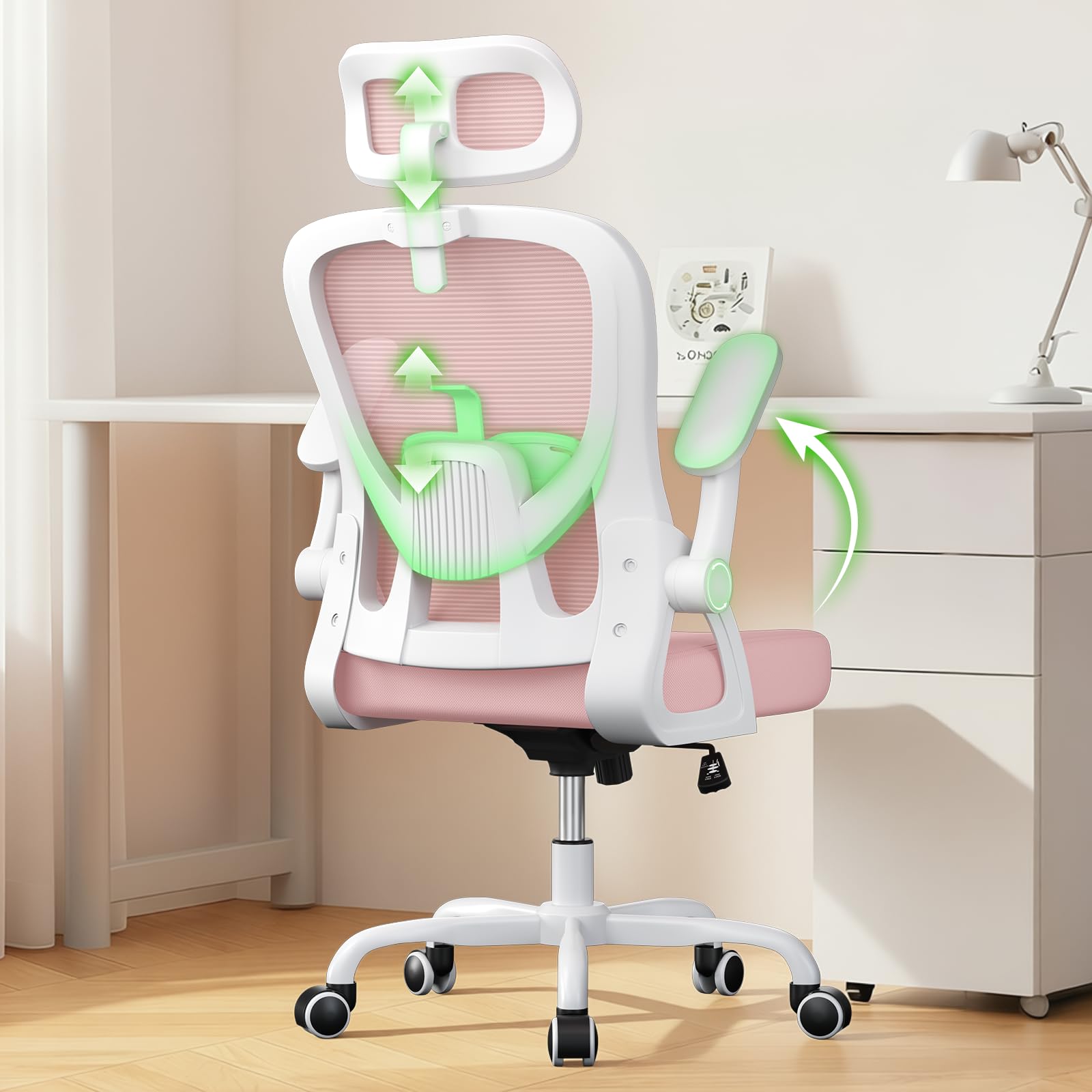 rattantree Silla de Oficina Ergonómica, Silla Escritorio con Ajustable Respaldo/Reposacabezas/Reposabrazos, Silla ergonomica Pequeña con Basculante De hasta 135°, Malla Silla de Oficina, Rosa