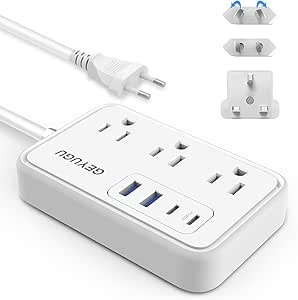 European UK Travel Plug Adapter - Canada to UK Europ Power Strip with 3 AC Outlets 4 USB(2 PD 20W) and Type G/C/A/I Plug Adapter for EU US AU Italy Spain France Ireland 2.7ft
