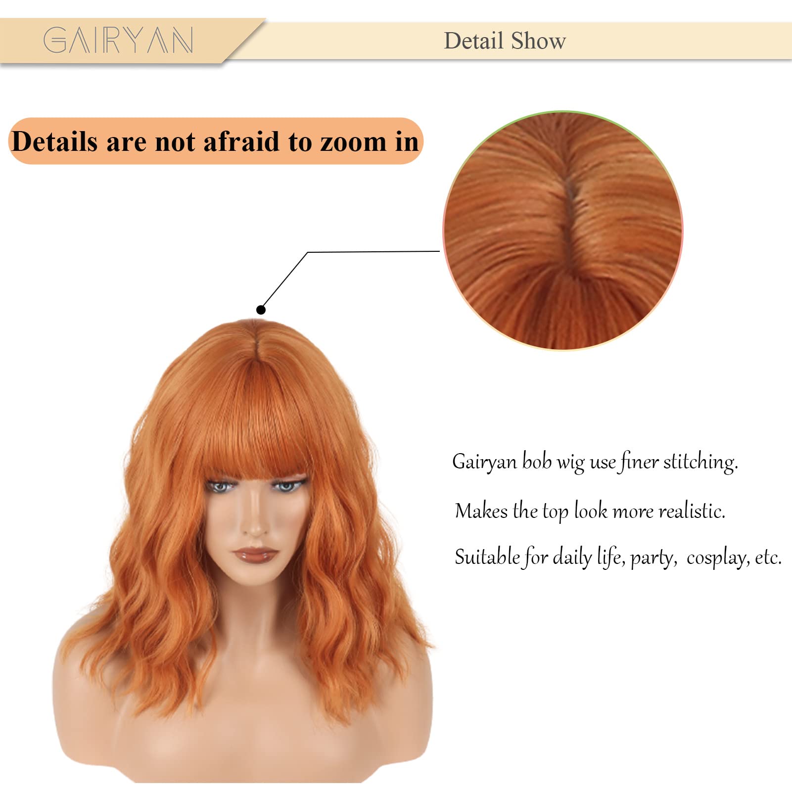 Parrucca Arancione Lunga con Frangia BOB Parrucca Donna Capelli Mossi Ricci Parrucche Ondulate 35cm Bob Wig Onda Parrucca Corta Sintetica a Spalla Cosplay Parrucca per Donna