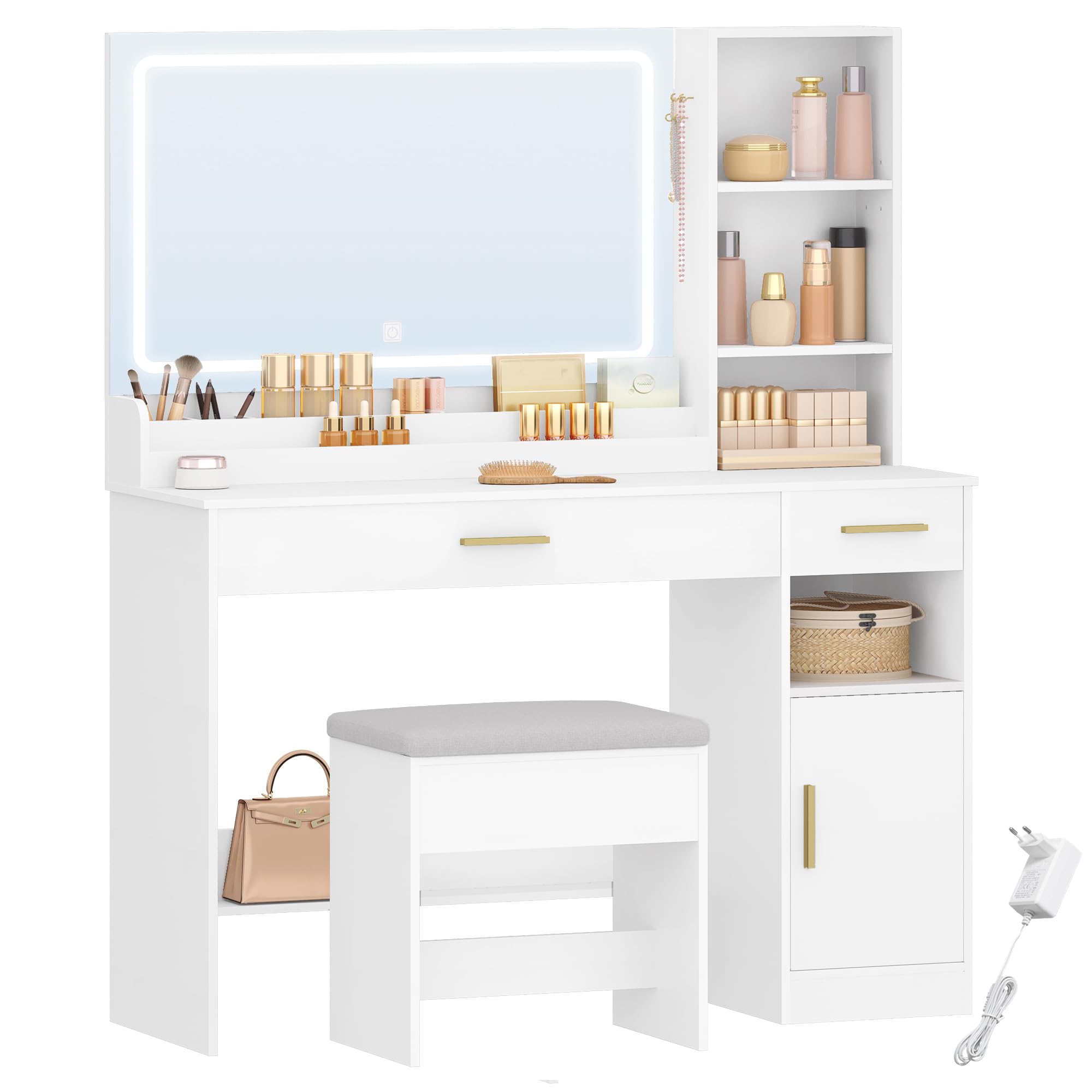 HEXCELEN Tocador con Taburete, Tocador de Maquillaje con Espejo y Luces LED con Brillo Ajustable, Mesa de Maquillaje, 2 Cajones, 4 Compartimentos y 1 Armario, 40 x 108 x 141 cm Blanco