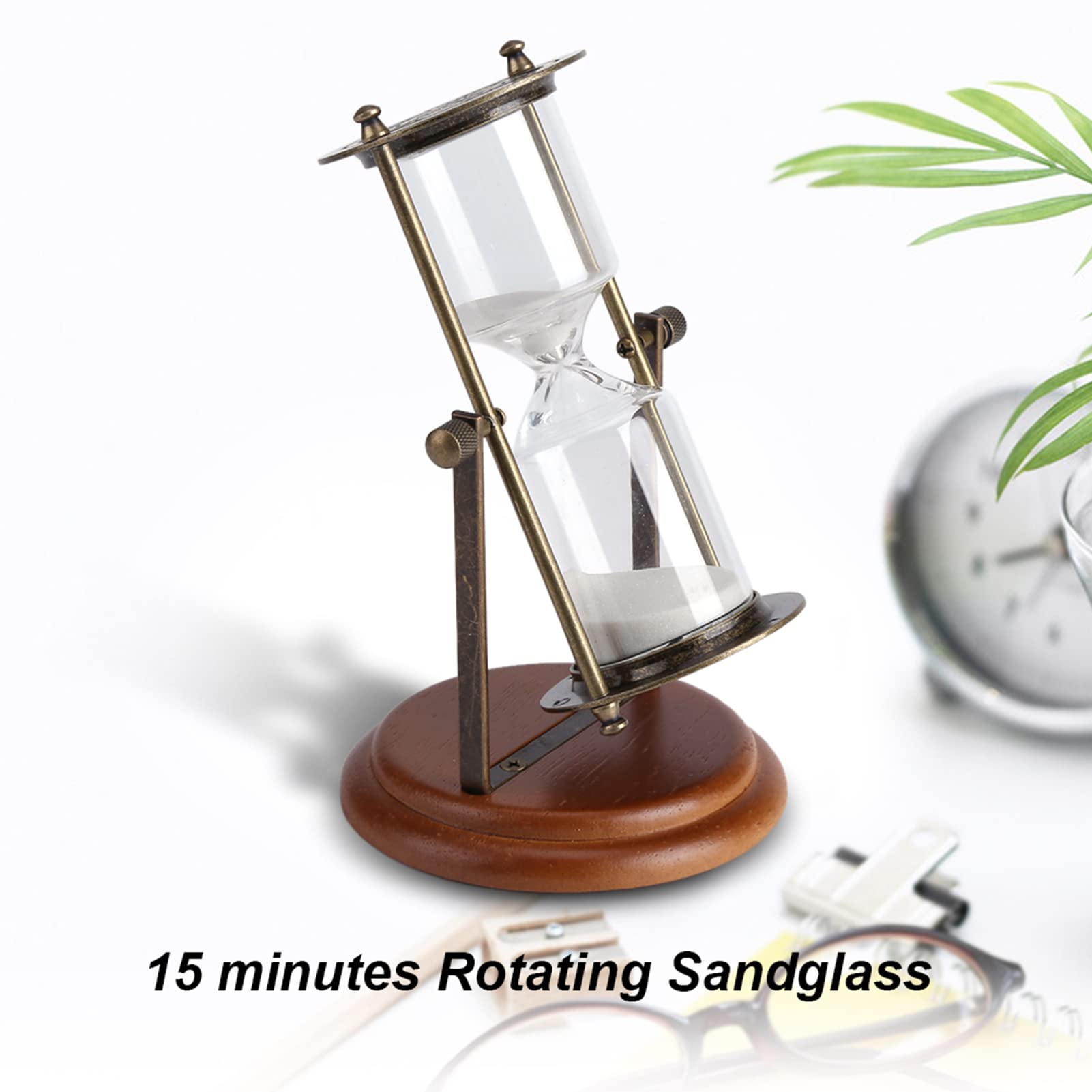 Reloj de arena giratorio con marco de metal, temporizador de arena decorativo de 15 minutos para escritorio, decoración náutica, cronometraje elegante, 8 x 7.3 pulgadas, perfecto para el hogar u