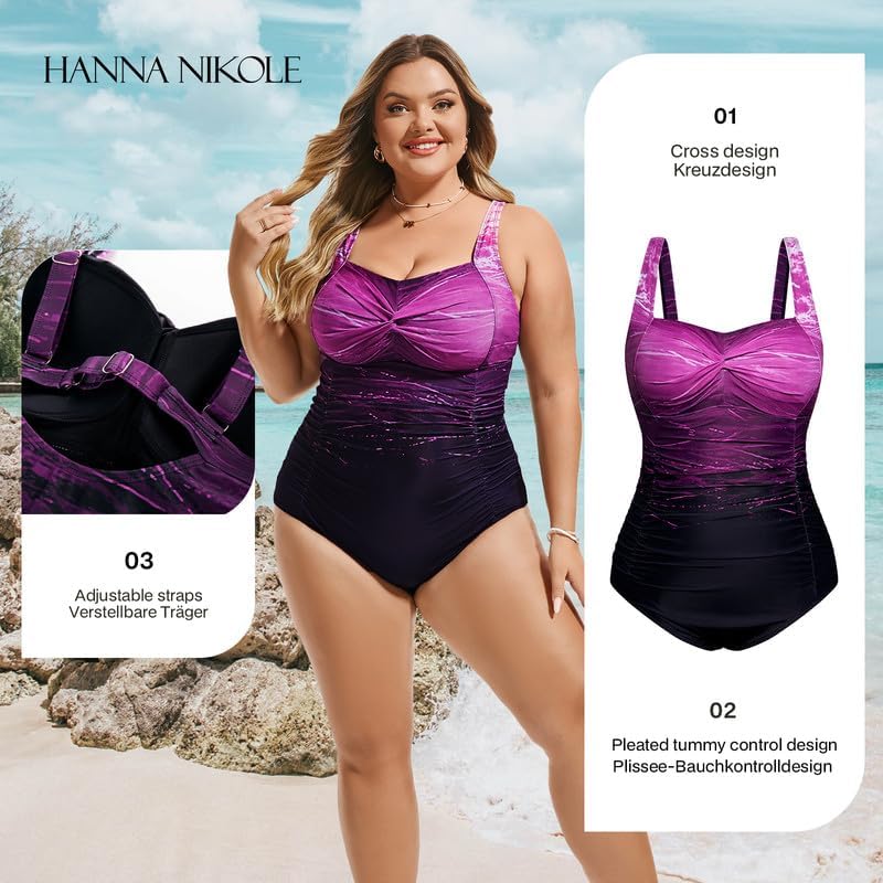 Hanna Nikole Women's Large Sizes One Piece Swimsuit Tummy Control Swimwear Swimsuit V-Neck Ruched Monokinis 50 large sizes Pink-purple Gradient