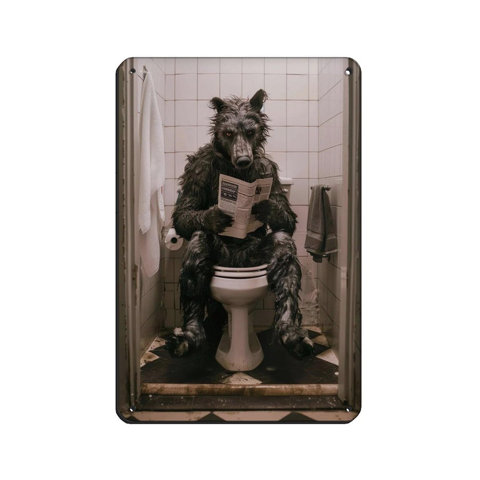 Werewolf Sitting on The Toilet Reading A Newspaper (2) Retro Poster Metal Tin Sign Chic Art Retro Iron Painting Bar People Cave Cafe Family Garage Poster Wall Decoration 8x12inch(20x30cm)