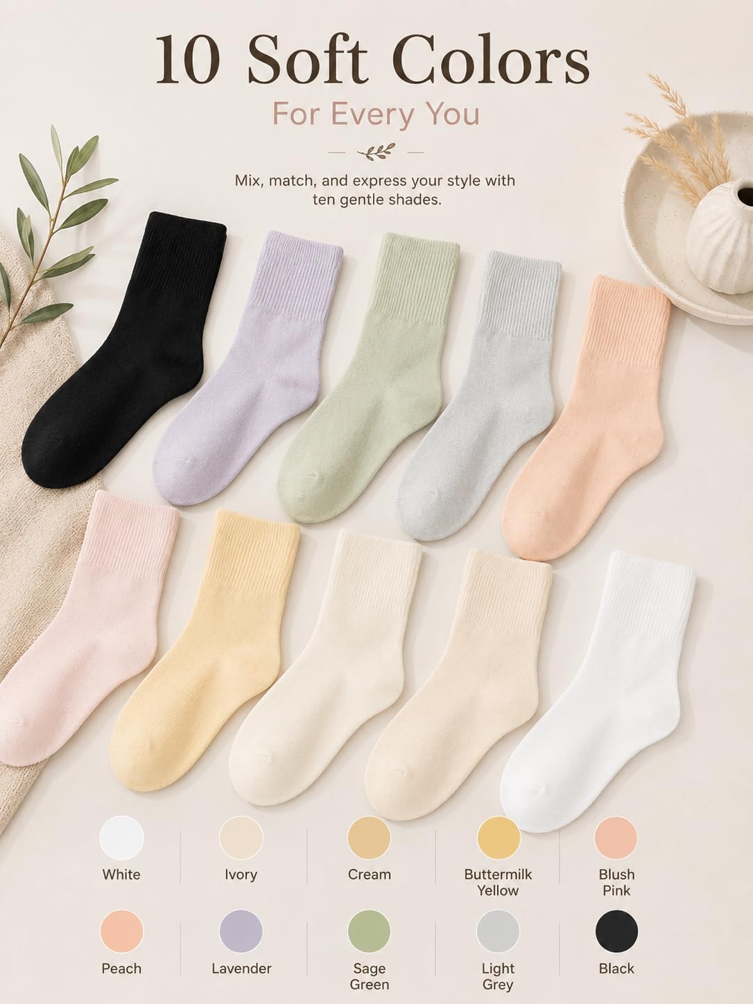 Iseasoo Women's Soft Cotton Dress Socks, Thin Trouser Breathable Calf Crew Scrunch Socks for Casual Ankle Socks 6 Pairs