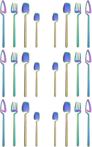 JASHII Juego de cubiertos colgantes de 24 piezas de arcoíris mate, juego de cucharas y tenedores de cuchillos de diseño único, acabado satinado,