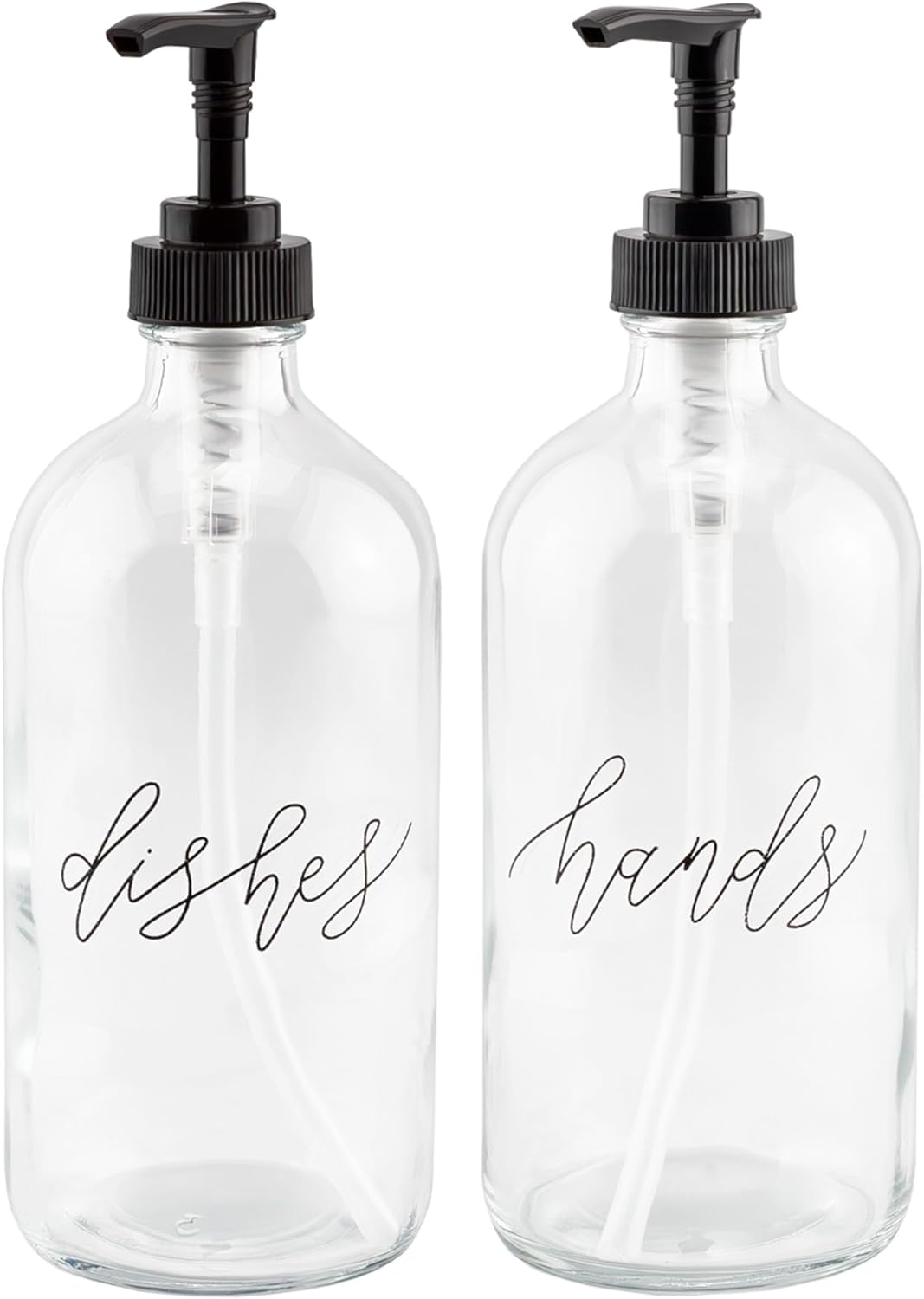 Cornucopia Brands 16oz Hands Dishes Pump Bottles (Clear, Set of 2); Pump Dispensers for Kitchen and Home