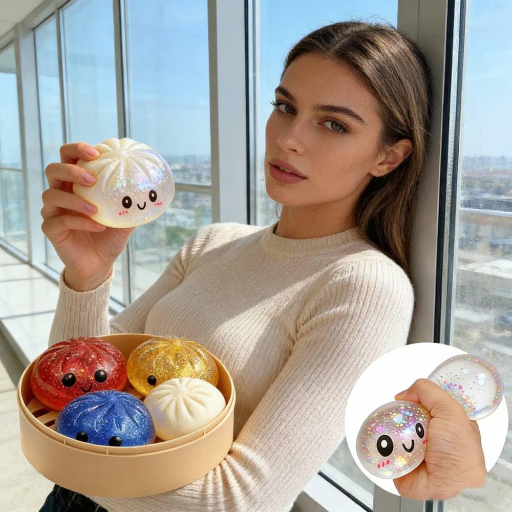 Glitter Dumpling Squishy-Giant Dumpling Squishy Fidget Toy with Steamer Case,Mega Rainbow Slow-Rising Sensory Decompression Toy, Thermoplastic Rubber, Stress Relief for Adults (Gold)