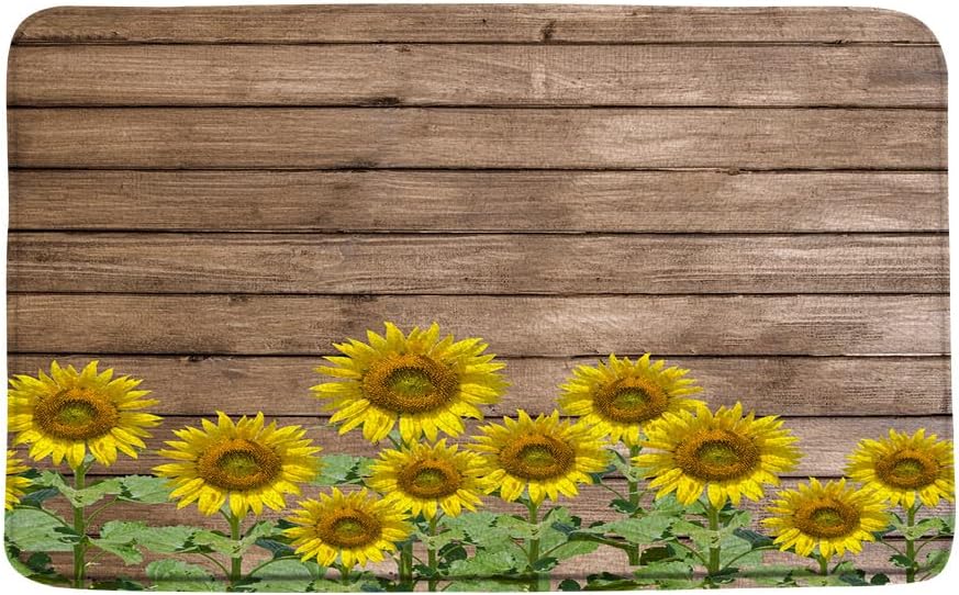 Sunflower Bath Mat Yellow Flower Rustic Teal Wooden Plank Spring Floral Green Leaf Farmhouse Country Bathroom Decor Microfiber Memory Foam Backing Bath Rugs 18x30 Inch and 16 x 48 Inch