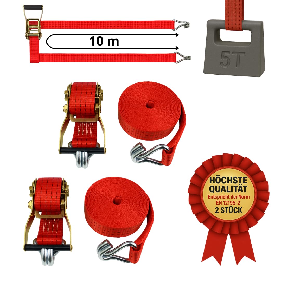 Correa de trinquete (10 m, resistencia 5 T, correa de fijación para remolque y coche, 50 mm de ancho, correa de trinquete, correa textil, accesorio de remolque x2