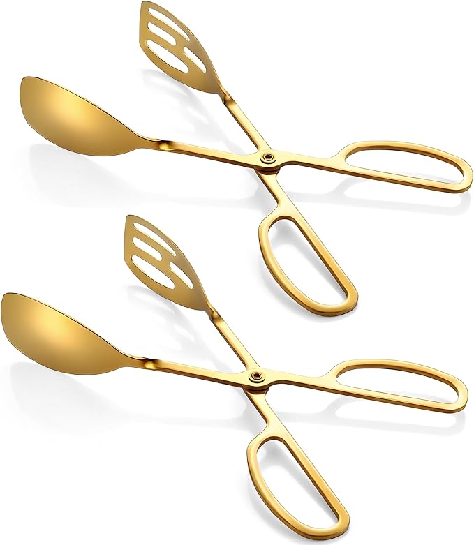 Salad Tongs for Serving 2 Pack - Premium Stainless Steel Scissor-Style, Non-Toxic, Heat-Resistant Salad Servers, Dishwasher Safe, Ideal for Buffet and Party Use (Gold)