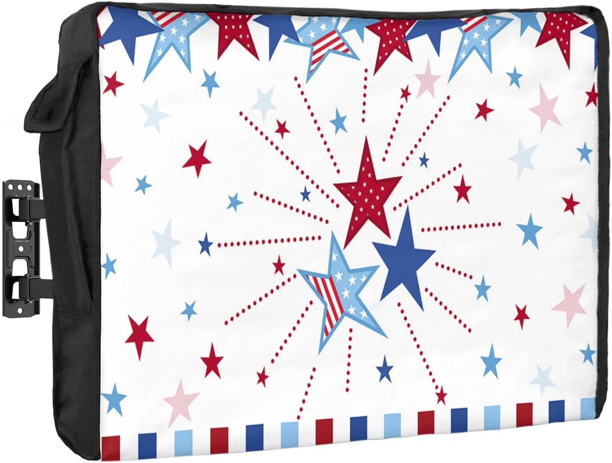 Outdoor TV Cover - 4th of July Patriotic USA Flag Star Red Blue Stripe Waterproof and Weatherproof 80"-85" LCD Movable Shield TV Display Screen Protector Outside Television Covers