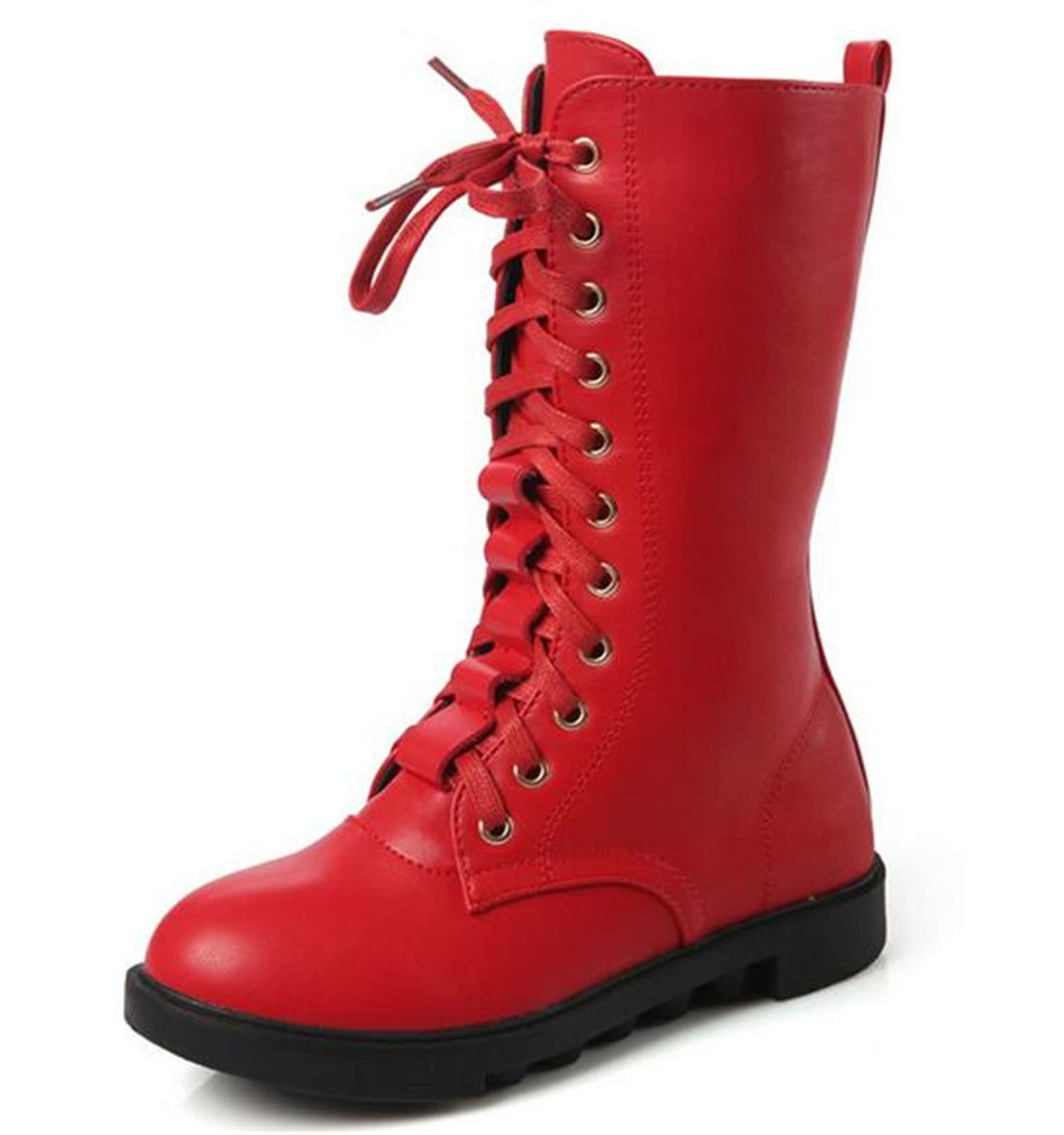 DADAWEN Kid's Girls Leather Lace-Up Zipper Mid Calf Combat Riding Winter Boots (Toddler/Little Kid/Big Kid)