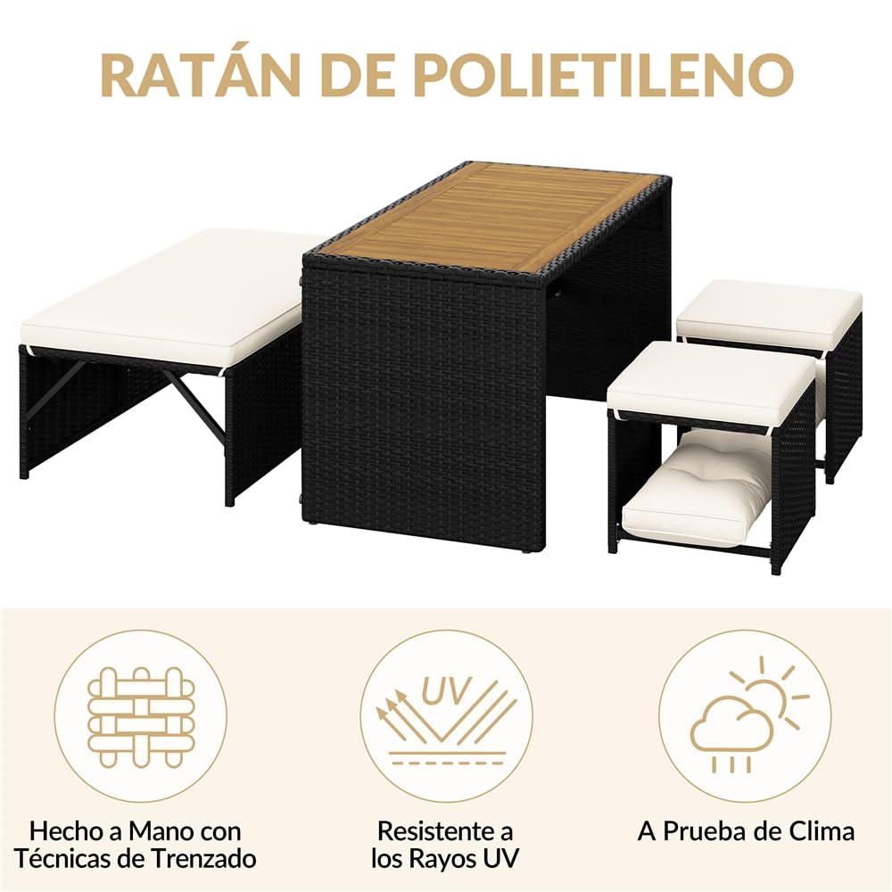 Yaheetech Conjunto de Muebles de Jardín de Ratán Muebles de Ratán de 2 en 1 | 1 Banco y 1 Mesa y 2 Taburetes, Negro/Beige