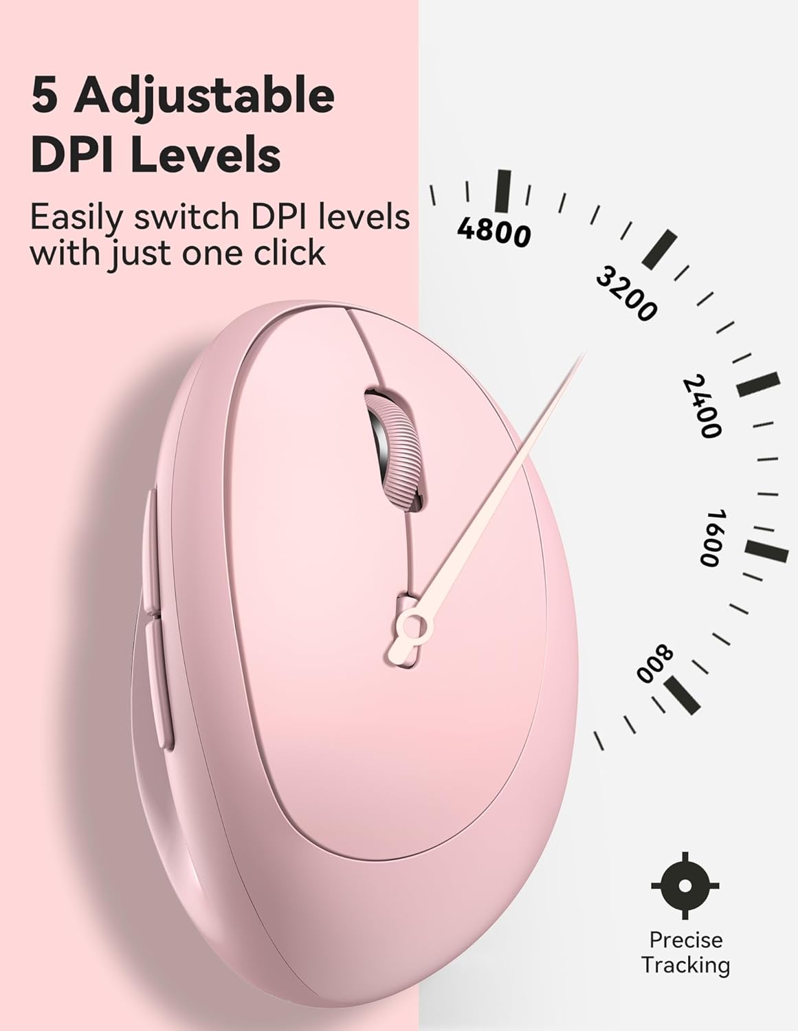 TECKNET Ergonomic Mouse, Bluetooth Wireless Vertical Mouse, Rechargeable Battery, Quiet Clicks, 4800 DPI Adjustable, BT5.0/3.0 & 2.4G Connect, Easy to use, Wide Compatibility - Pink