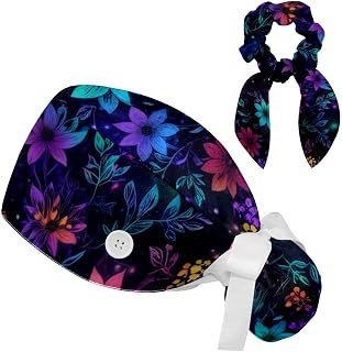 Scrub Caps Women, Surgical Caps with Buttons, Ponytail Nurse Hat, Bouffant Scrub Hats with Hair Scrunchy Adjustable, Floral Purple Blue Vintage Flower Cute Pastorable Bohemian Cartoon