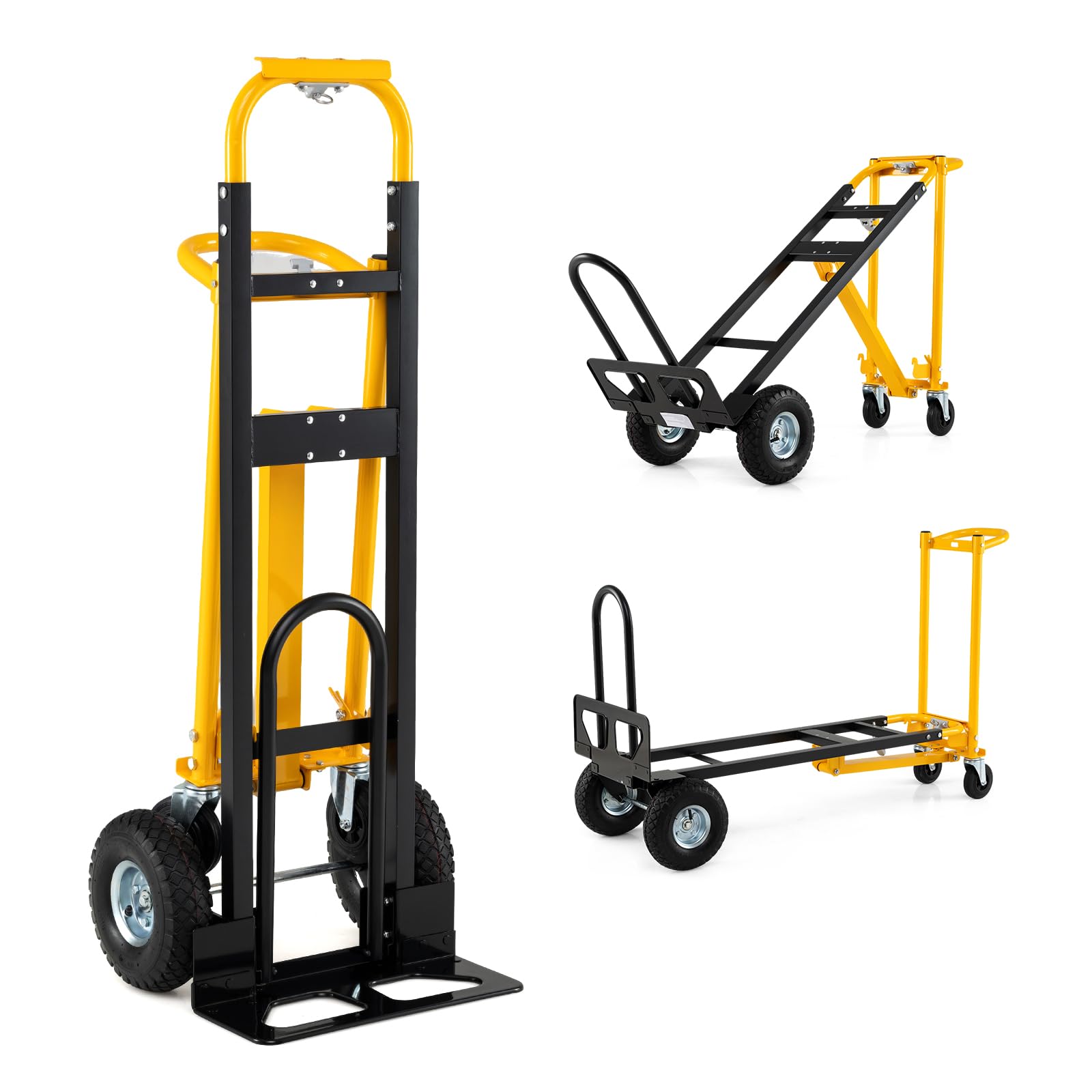 COSTWAY 3-in-1 Sackkarre & Transportwagen, Transportkarre max. 250KG & Plattformwagen max. 350KG, Klappbarer Handwagen mit Luftbereifung & Gummirädern, Handkarre Metall für Zuhause, Büro & Lager