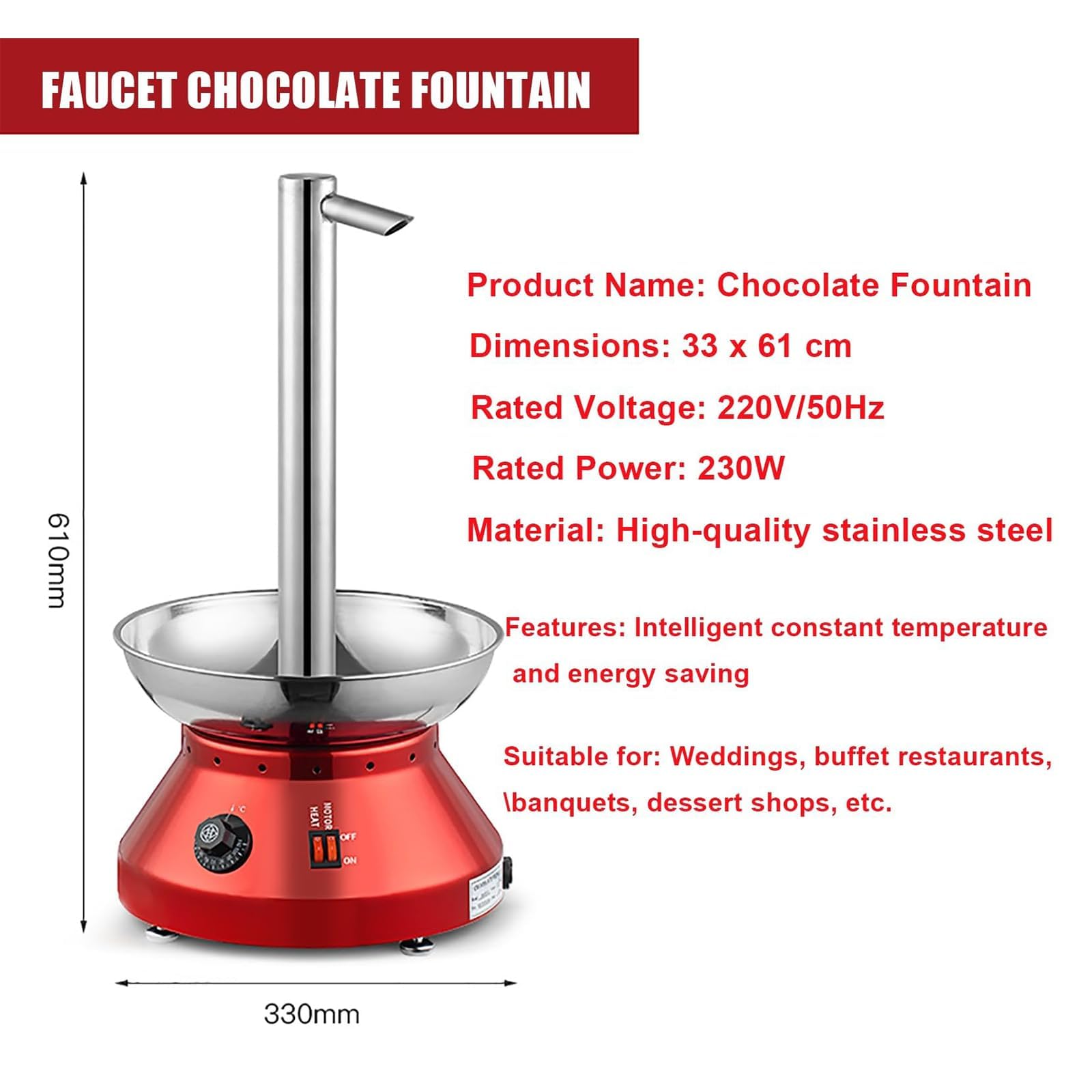 Fondue fontanna czekoladowa, elektryczna fontanna do fondue 230 W z regulacją temperatury, pojemność 3000 ml, na imprezy, wesela i imprezy