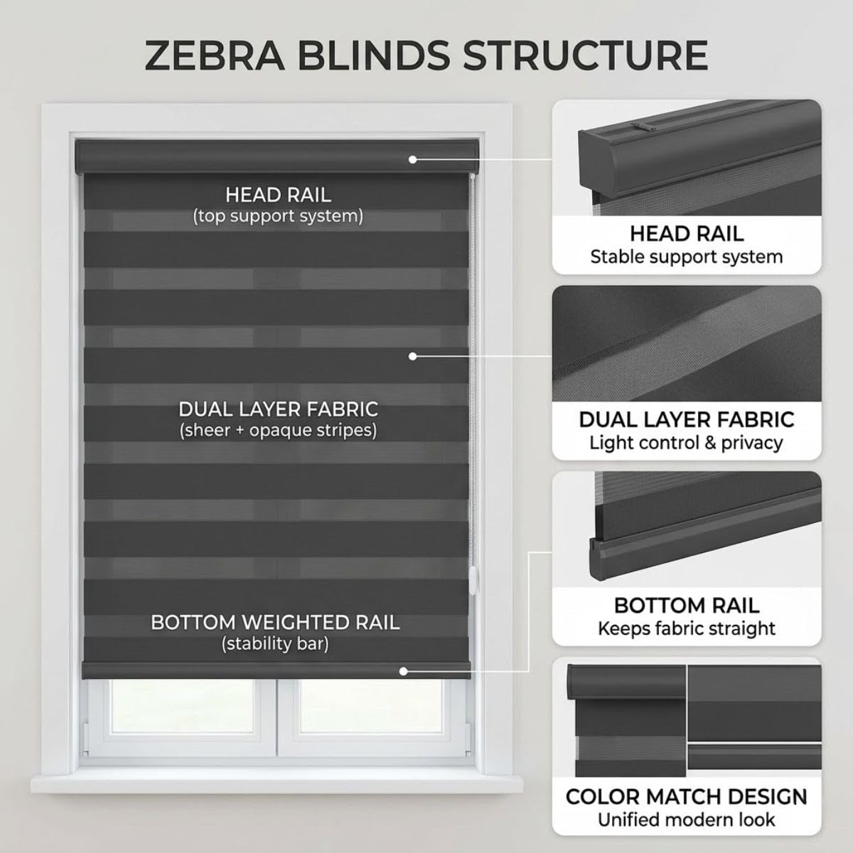 Store Enrouleur Jour Nuit, Rideau Zébré de Protection Solaire | Double Tissu avec Chaîne Réglable pour Fenêtre et Porte de Bureau, Blanc, 45 x 150 cm(Nature,W160cmxH122cm)