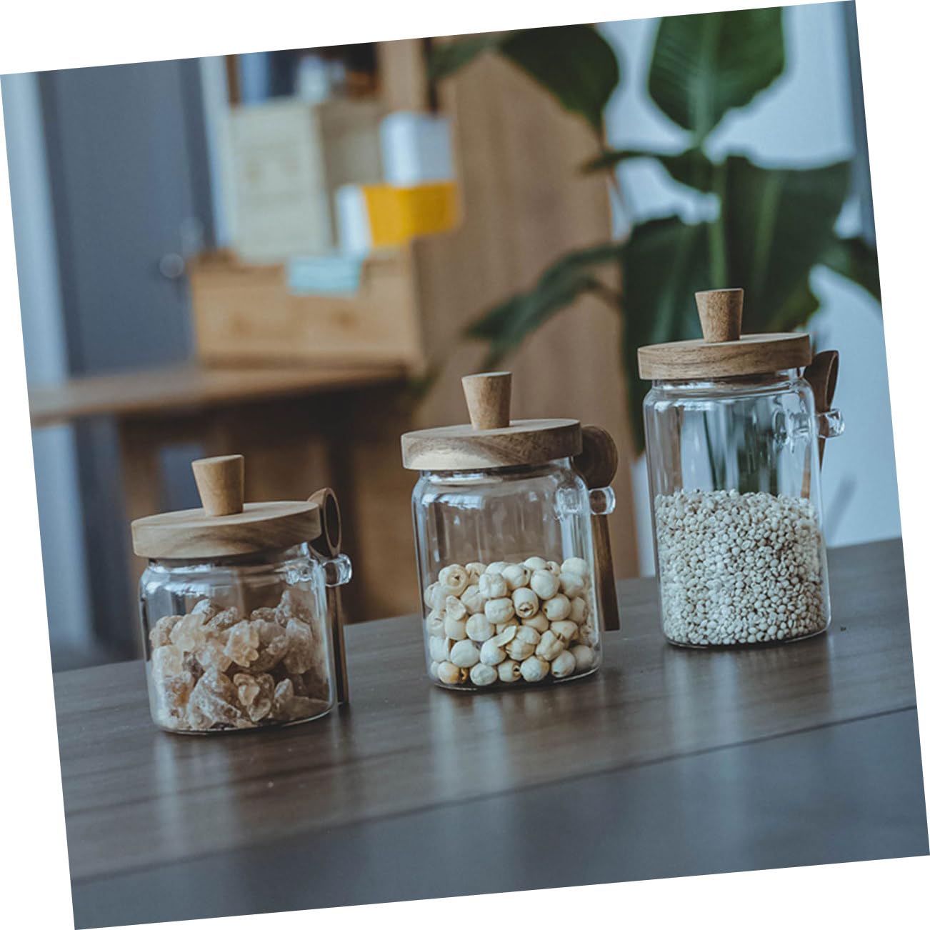 Gewürzglas mit Holzdeckel 550ml 3 Stück und Löffel 850ml aus Glas Stabile Salz und Zuckerbehälter 400ml Frische Gewürze Bewahren für Skandinavische Küche