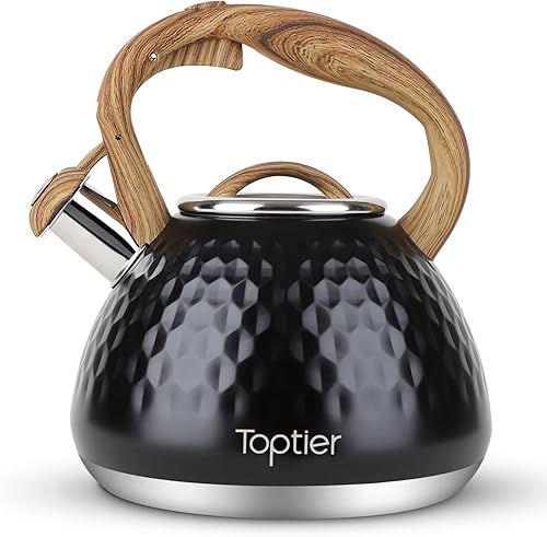 toptier - Tetera silbadora con mango de madera, silbato fuerte, acero inoxidable de grado alimenticio para estufas de inducción con diseño de