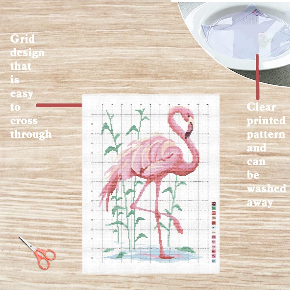 FREEBLOSS Flamingo Cross Stitch Kit Cross Stitch Starter Kit for Adults with Instructions 13 * 17'' Pure Cotton Cloth Cross Stitch for Beginnrs Cross Stitch Wall Hanging No Frame
