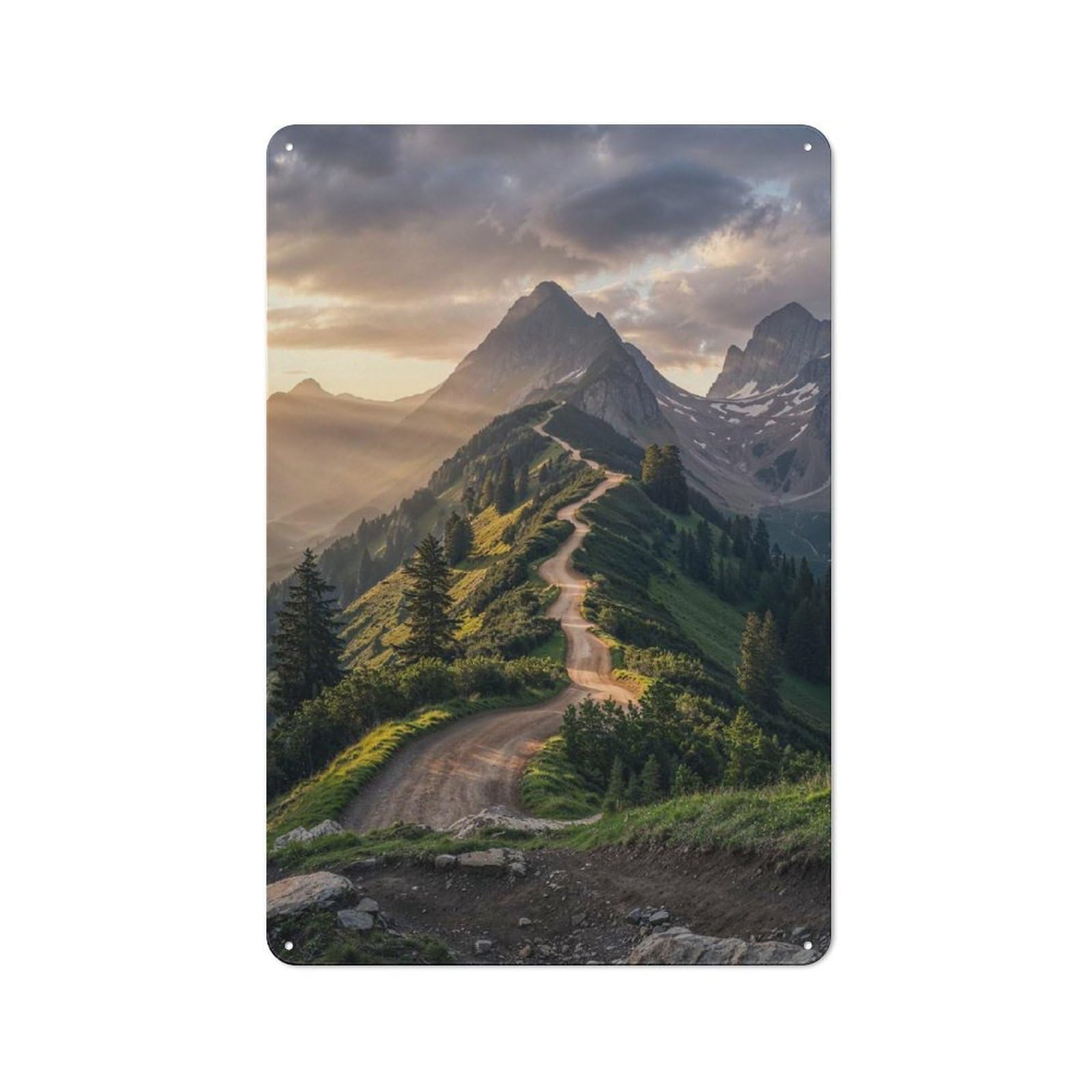 Classic Metal Plaque 30x20cm Featuring Mountain Road at Sunset, Bistro Wall Plaque for Kitchen, Cafe, Pantry Or Dining Room