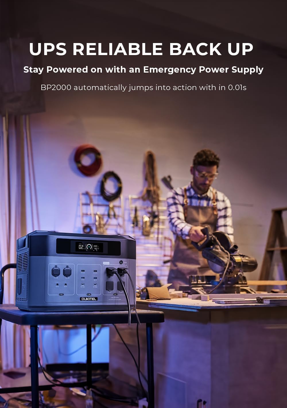 The OUKITEL BP2000 power station providing backup power to a workshop, demonstrating its Uninterruptible Power Supply (UPS) function with a 0.01s switchover time.