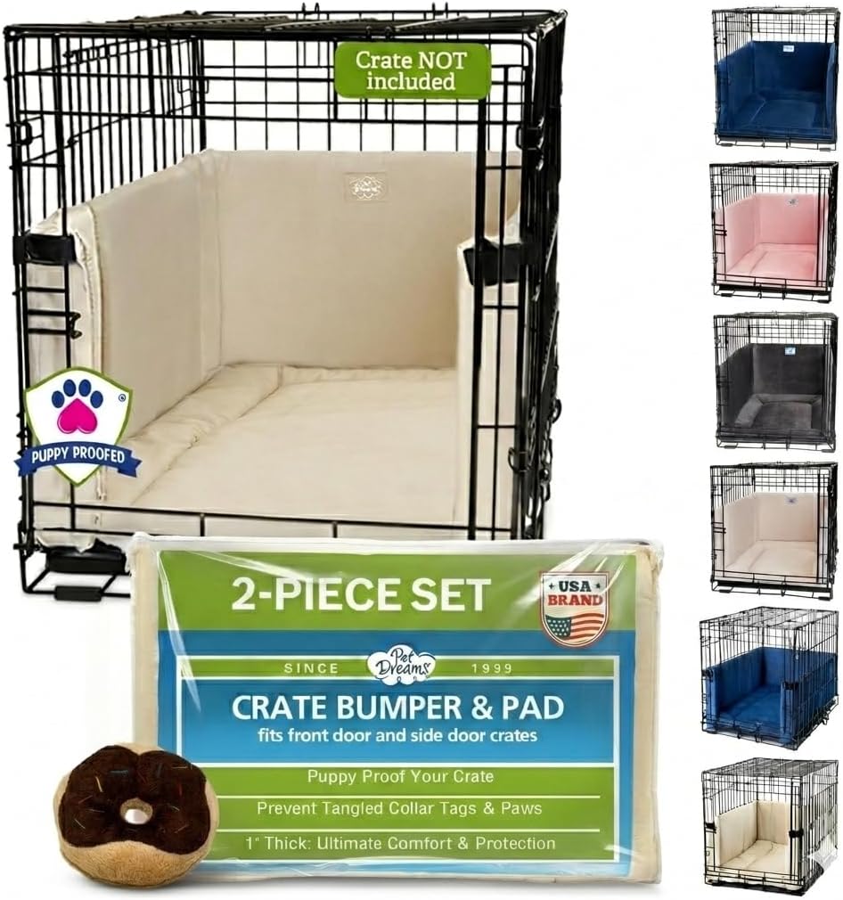 Pet Dreams New Bundle - Dog Crate Bumper & Mat with Bonus Donut Toy - Patented Comfy Liner & Dog Tail Protector for Inside Crate, fits iCrate Cages 18, 24, 30, 36, 42, 48 Inches (Khaki, Small, 24“)