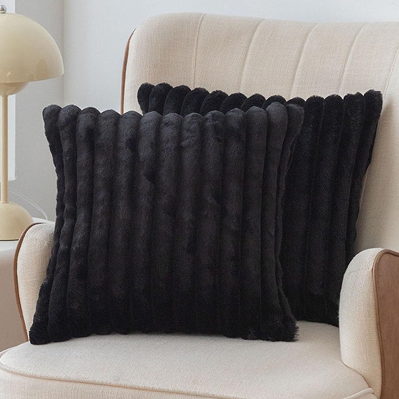 SWJ-swjssb Set Of 2 Faux Fur Plush Throw Pillow Covers 18x18, Fluffy Striped Pillowcase Square Cushion Covers 18 X 18 20x20 Inches For Sofa Couch Bed Pillow Case(Black,30x50 cm Set of 2)