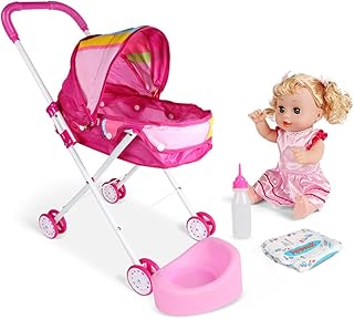 Doll Pram, Doll Pushchairs, 1 Set Baby Doll Stroller with Baby Girl Doll & Doll Playset, Cartoon Printing Foldable Doll Pram for 2+ Years Old Kids (Rainbow)