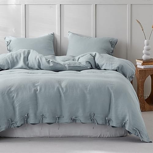 Miniatura 11 de Simple&Opulence Juego de funda de edredón 100 % lino, 3 piezas con cierre de corbatinas, de lino francés lavado, color liso, suave, transpirable
