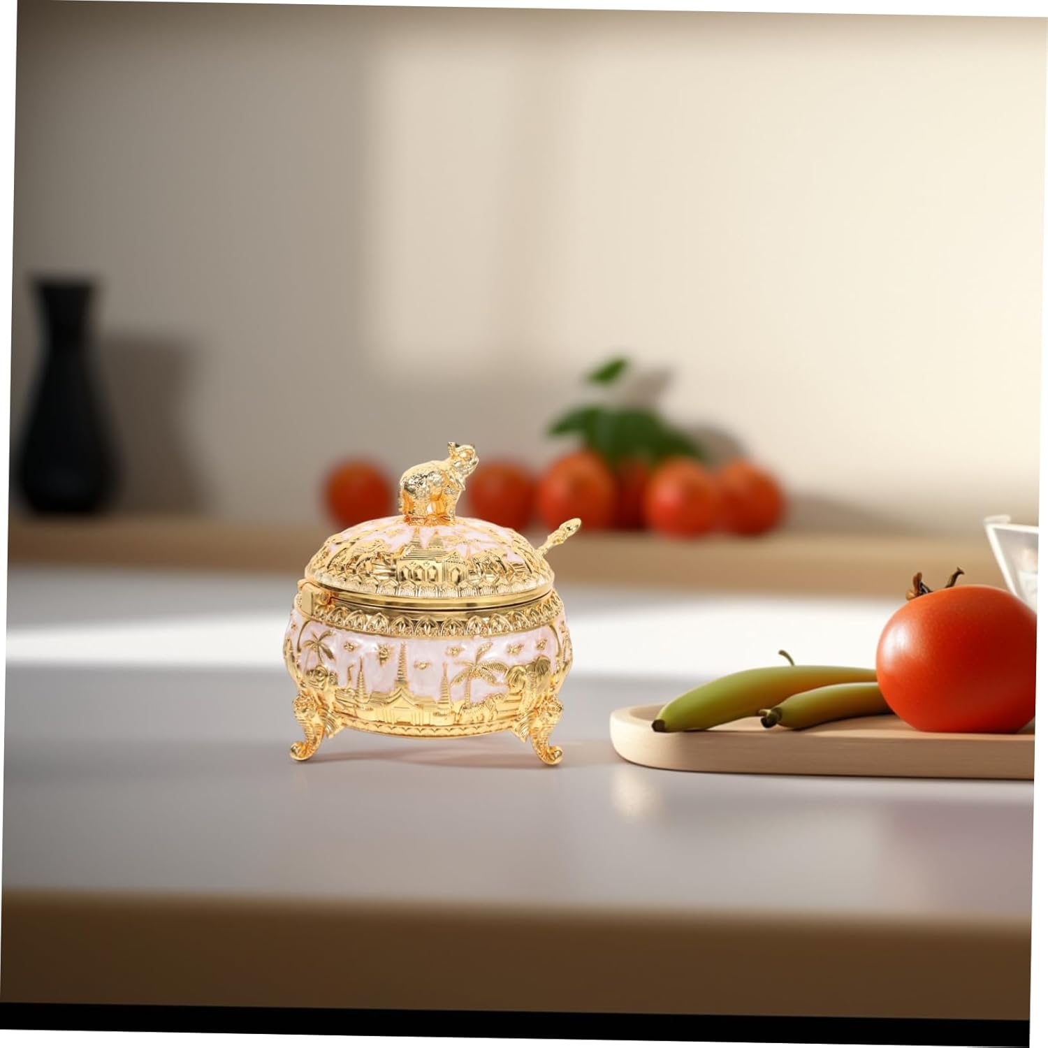 STOBAZA Zinc Alloy Sugar Jar Cover and Spoon Elegant European Style Condiment Container for Seasoning Storage Space-saving Design for Spices and Sugar