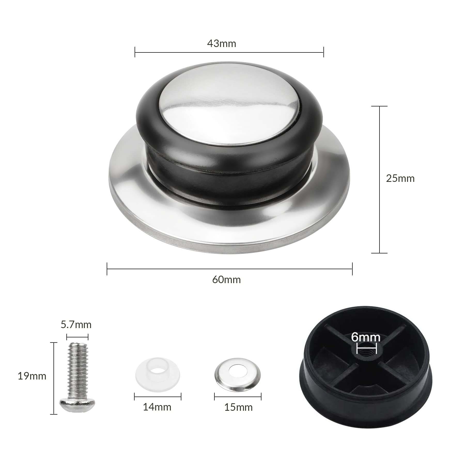 6 Stück Universalgriff für Topfdeckel hitzebeständiger Knopf, Topfdeckelgriff aus Edelstahl Kochgeschirr Ersatzdeckelknöpfe Topfdeckelknopf-Set mit Schrauben