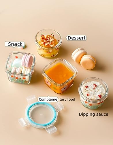 Miniatura 7 de Paquete de 2 recipientes de vidrio cuadrados pequeños de 4 onzas con tapas, tarros de alimentos florales herméticos de vidrio para salsa,