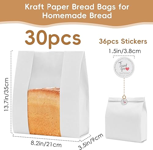 Vista 2 de Paquete de 30 bolsas de pan de papel para pan casero, bolsas de pan de masa madre, bolsas grandes de almacenamiento de pan con ventana y sello