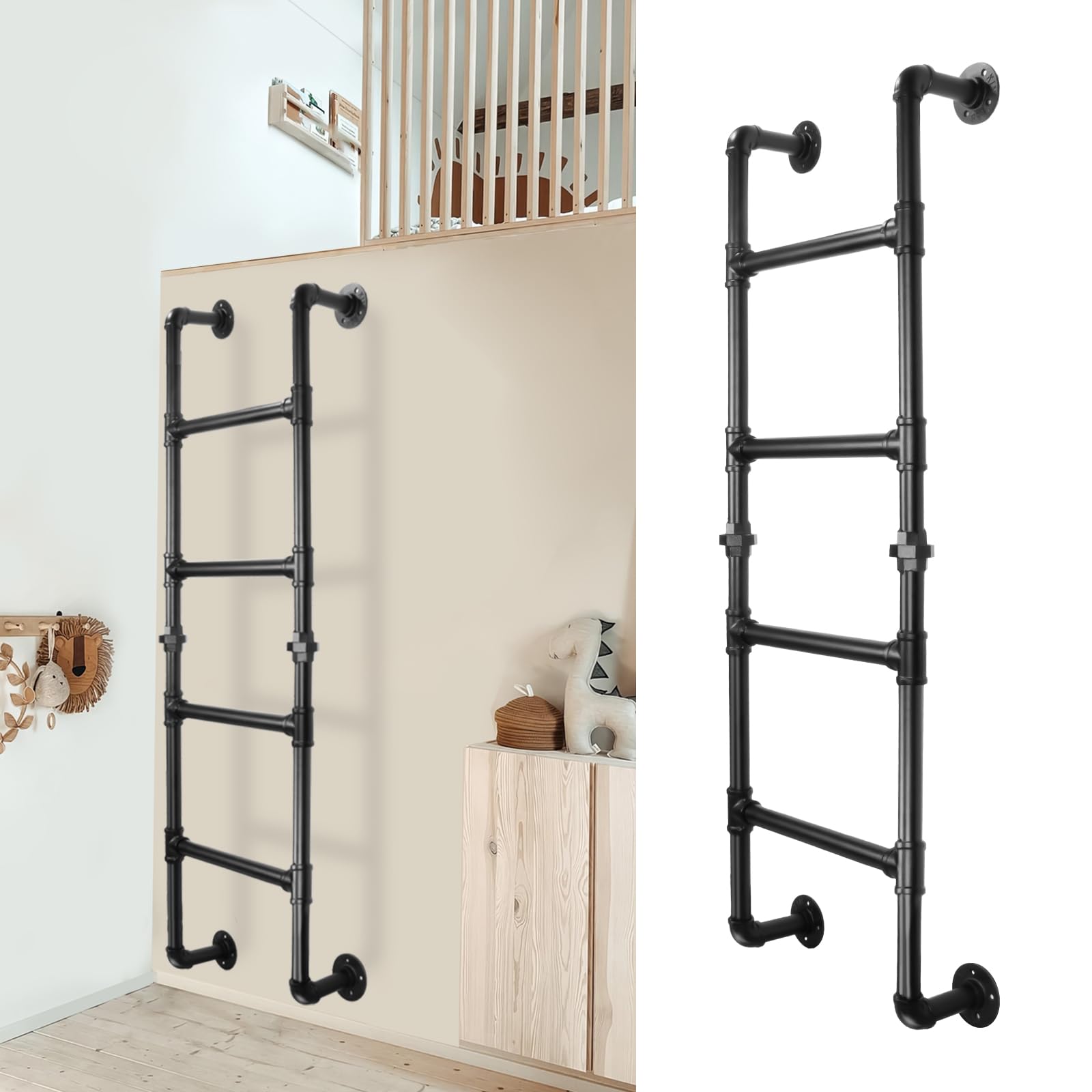 4-Rung Wall-Mounted Bunk Bed Ladder, 125x45cm Black Wrought Iron Metal Climbing Ladder, 150KG Load Capacity, Indoor & Outdoor for Attics, Lofts, Dorms, RVs, Decks & Basement Egress