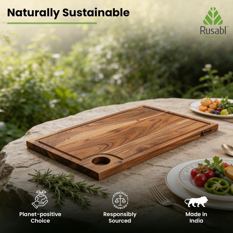 Image of Rusabl EcoWood Terra Acacia Wood Chopping Board, 40.6 x 22.9 x 1.5 cm, XXL | Handcrafted End Grain Rectangular Cutting Board for Fruits & Vegetables