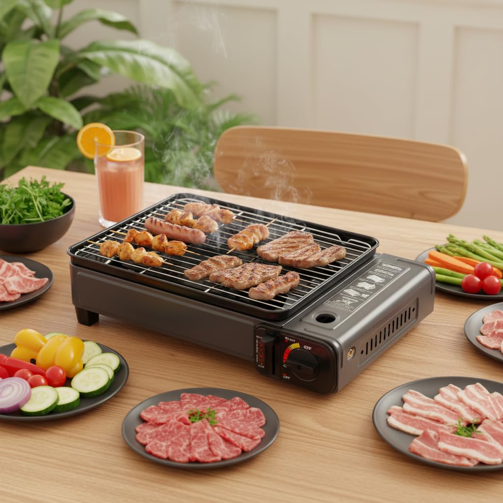 Barbecue a gas portatile da tavolo con griglia e piastra per barbecue, da campeggio, in confezione neutra, con scatola di plastica, pellicola a bolle d'aria, cartone a 5 strati, con spazzola per