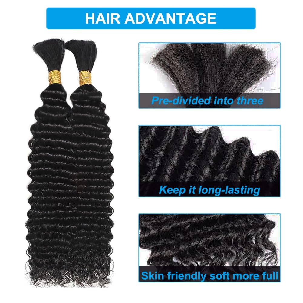 Human Braiding Hair Boho Braids Human Hair 110g 24 Inch Deep Water Wave Bulk Human Hair for Braiding No Weft Bundle 12A Brazilian Virgin Curly Hair Extensions Wet and Wavy Human Braiding Hair