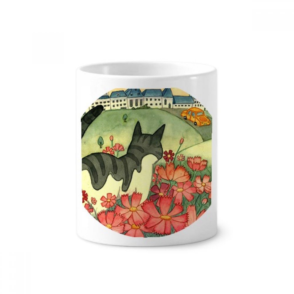 Tasse blanche chat fleurs aquarelle 350ml, idée cadeau originale