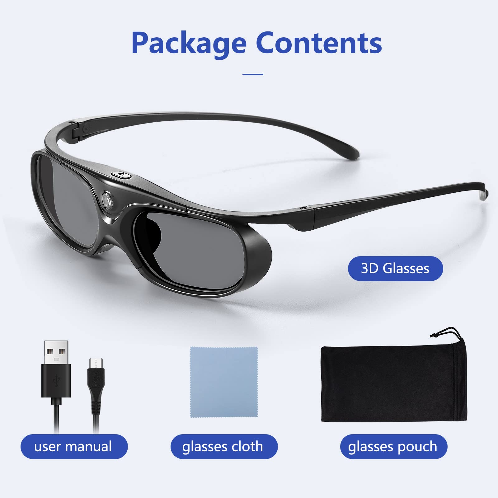 Gafas 3D, Gafas 3D DLP, Gafas 3D con Obturador Activo Recargables para Todos Los Proyectores 3DDLP-Link, Compatible con Benq, Optoma, DELL, Acer, Viewsonic Dlp Projector