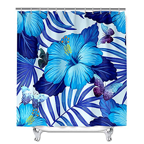 Cortinas de Ducha con Estampado Plantas para Baño, Mateju Impermeable Antimoho Poliéster Cortinas Baño Incluye 12 Anillas en C para Hogar Bañera Dormitorio Apartamento (120x180cm,Flor Azul)