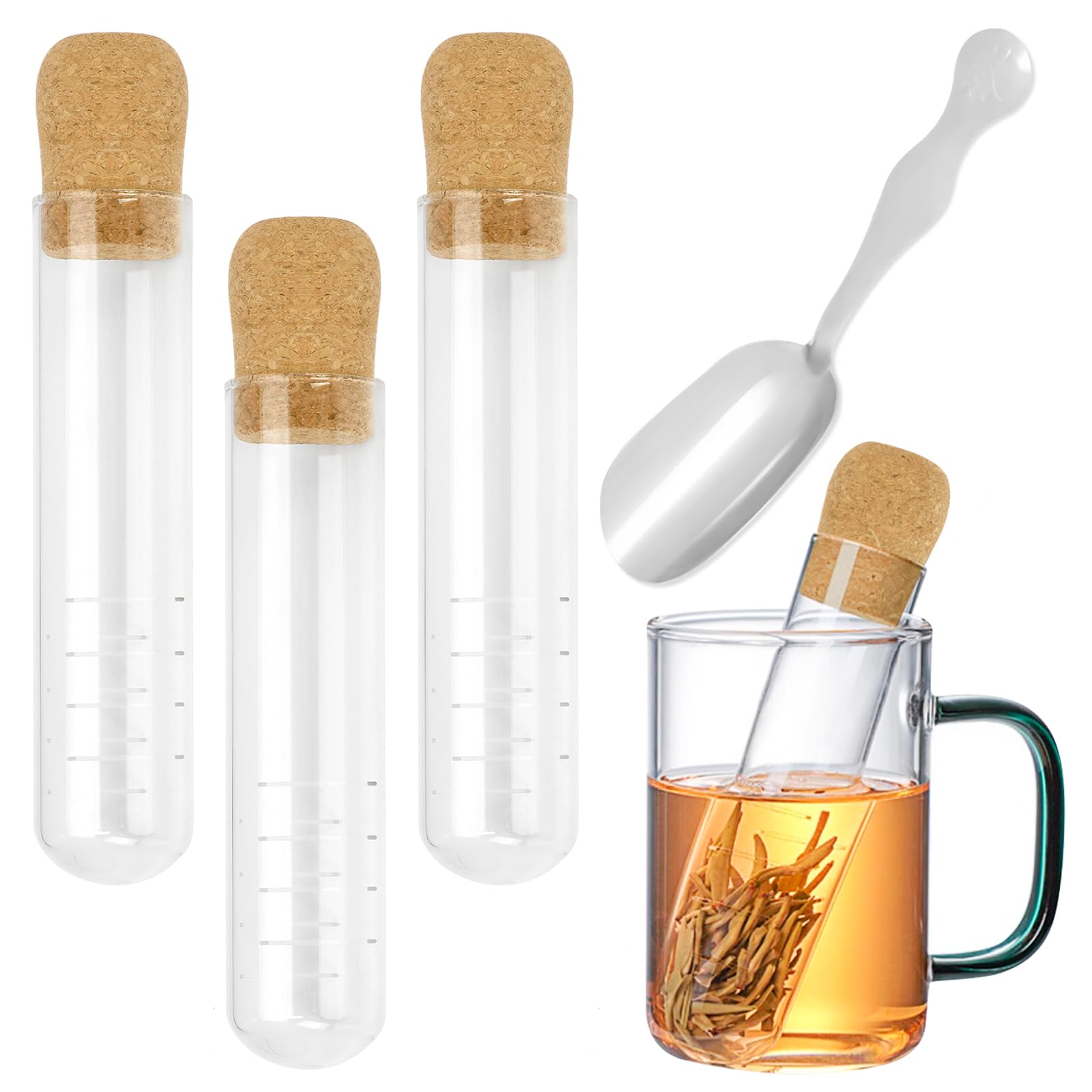 4 PCS Glass Tea Infusers for Loose Tea & Tea Flower Glass Strainer and Teaspoon Set Reusable Clear Diffuser with Cork Glass Tube Tea Steeper