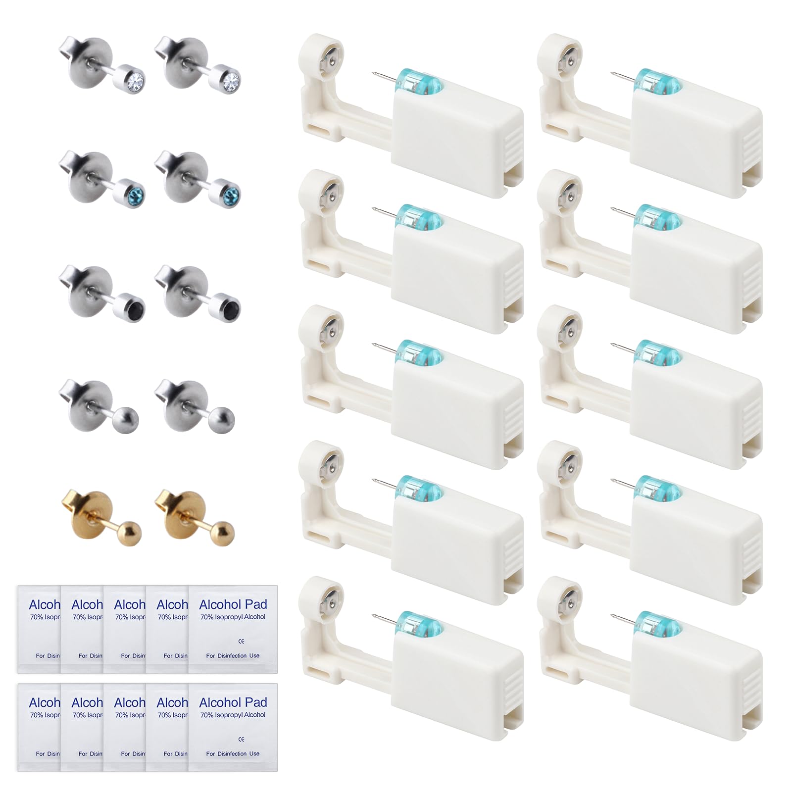 WLUOS Kit de 10 Pistolas Desechables Para Perforar Orejas,Pistolas de perforación,Kit de Perforación de Orejas Estéril con Aretes Para Niñas,Mujeres,Hombres Perforador Oreja Pistola Pendientes Oreja