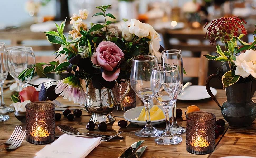 DEVI 24pcs Vintage Amber Votive Candle Holders, Amber Glass Tea Lights Candle Holder for Baby Shower, Boho Wedding Decorations, Vintage Boho Party Home Fall Centerpieces Table Decoration - Image 7